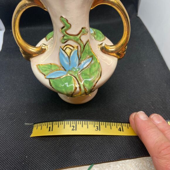 vintage hull art pottery magnolia vase 1940s pink  gold double handle 6in collec - Picture 6 of 6